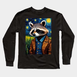 Adorable Raccoon Animal Portrait Painting in a Van Gogh Starry Night Art Style Long Sleeve T-Shirt